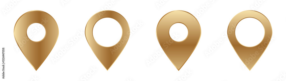 Poster shiny gold location pins with a circular cutout in various styles for map or navigation uses.