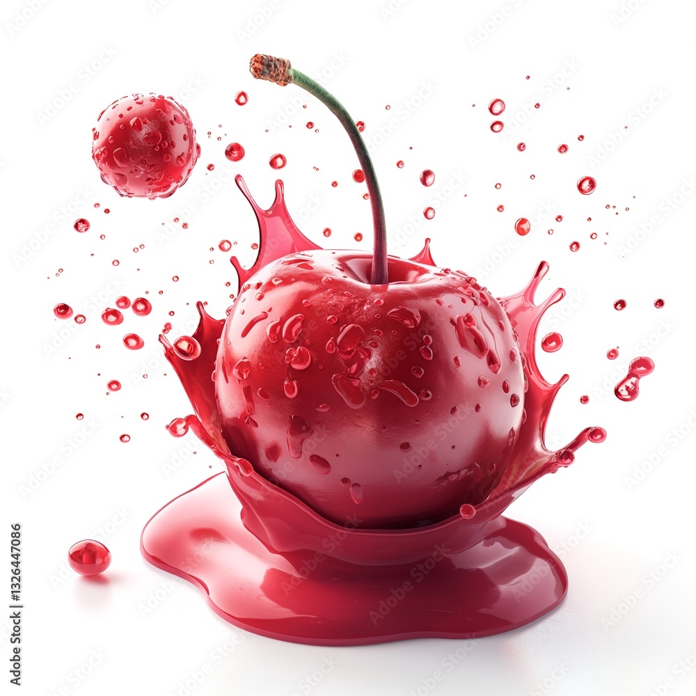 Poster a vibrant red cherry splashing into a pool of liquid, creating dynamic droplets in mid-air.