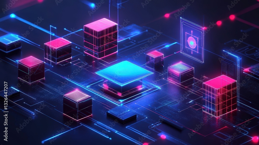 Poster a vibrant digital representation of interconnected data blocks with glowing edges, showcasing a futu
