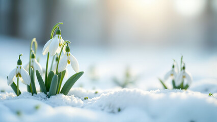 Delicate Snowdrops Emerging Through Winter's Blanket: First Heralds of Spring