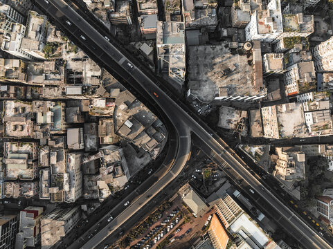 Aerial view of bustling urban landscape with dense buildings and busy streets, Ramna Thana, Dhaka, Bangladesh.
