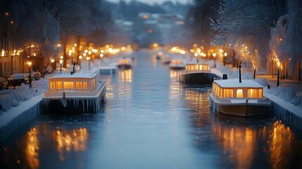 Snowy canal at night, warm lights