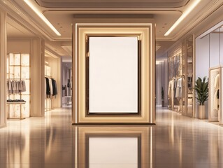 Elegant Boutique Interior with Blank Vertical Sign, Representing Luxury Retail Space, Ideal for Fashion Ads, Store Branding, and Interior Design Portfolios.