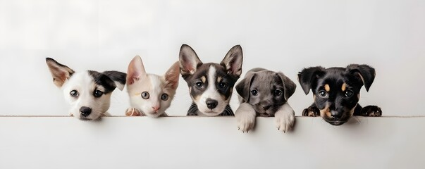 Five puppies are standing in a row, with one of them being a cat