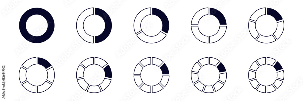 Poster ten circles showing different filled section patterns, illustrating geometric design variations.
