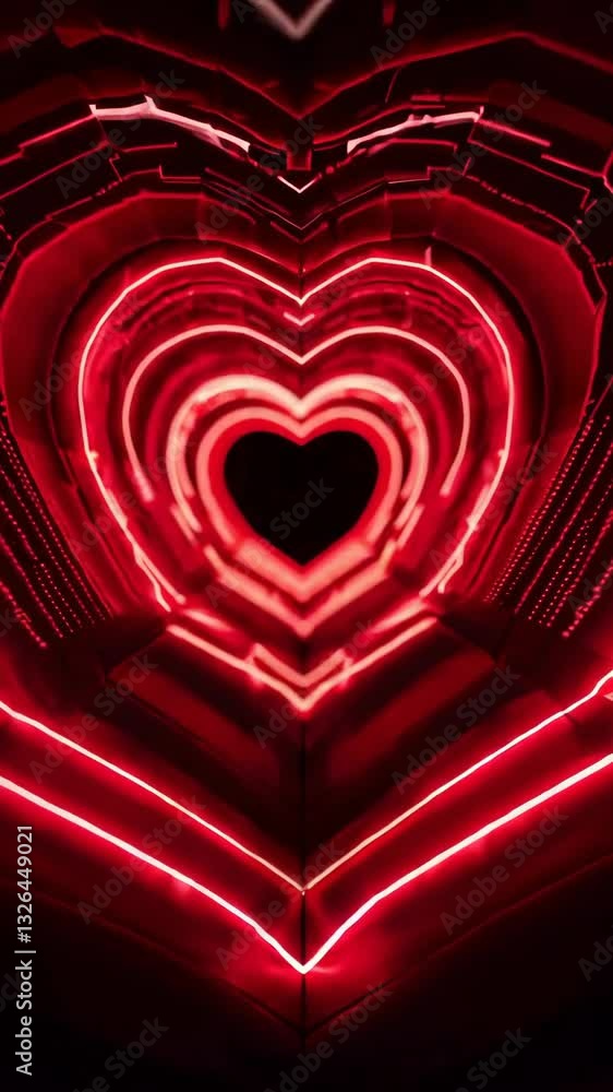 Poster pulsating red heart tunnel morphing with luminescent patterns in captivating motion