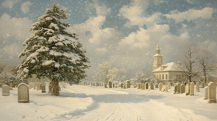 Obraz premium Snowy cemetery scene