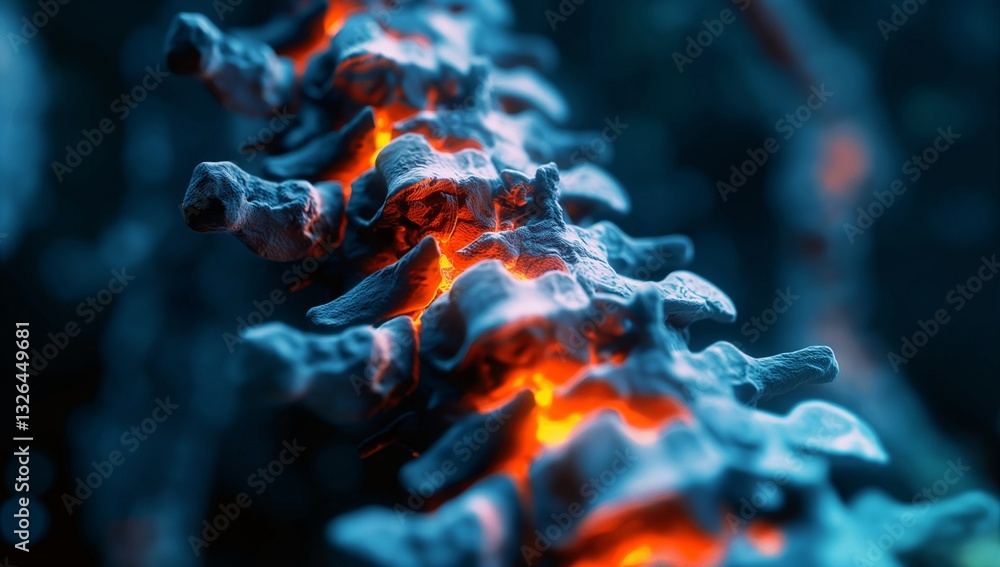 Fototapete a detailed and vivid digital rendering of a human spine, featuring glowing orange highlights that em