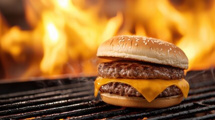 Juicy cheeseburger sizzling on a grill with flames in the background, capturing the essence of outdoor grilling.
