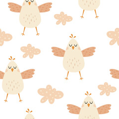 Seamless pattern with cute bird and clouds. Bird pattern. Hand drawn vector pattern in flat style	
