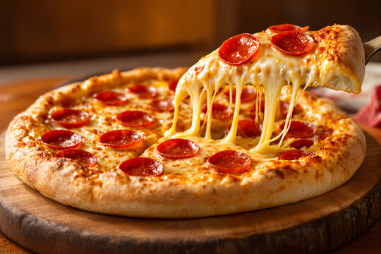 Close-up of fresh pepperoni pizza slice with melted cheese being lifted from a wooden board. - Powered by Adobe
