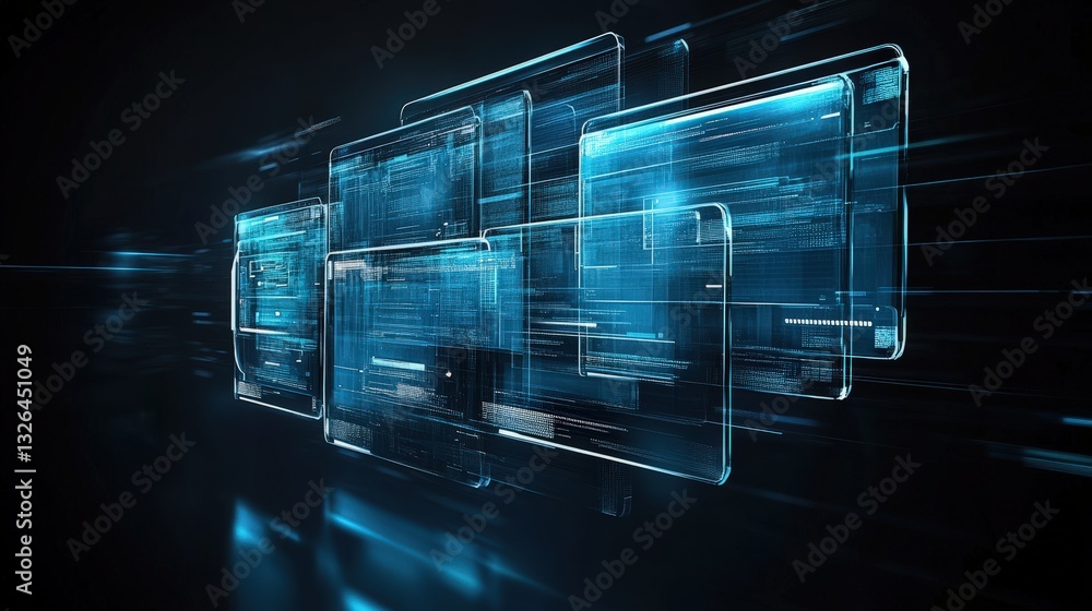 Poster abstract digital interface with glowing, translucent screens moving in a futuristic environment, rep