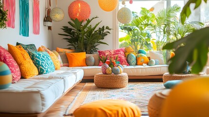 Stylish living room featuring a comfortable couch and a soft rug ideal for an elegant easter celebration