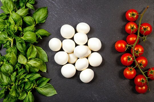 Fresh basil leaves, mozzarella cheese balls, and vine-ripened cherry tomatoes arranged on dark slate background.