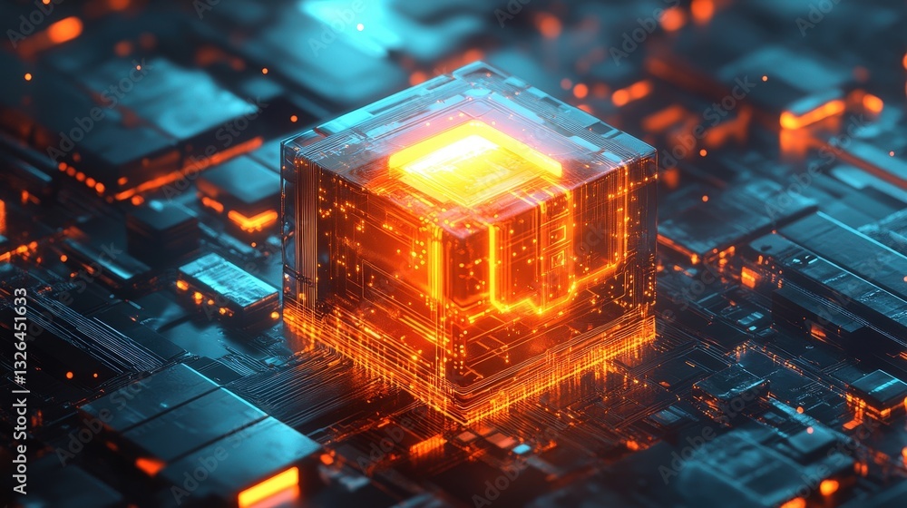 Poster a glowing, futuristic cube surrounded by intricate circuitry, representing advanced technology and i