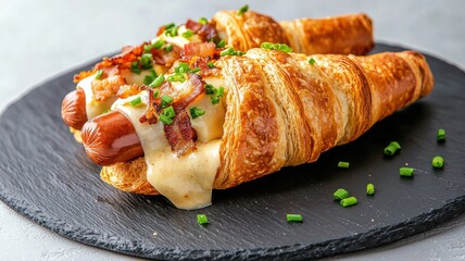 Mouthwatering croissant wrapped hot dog with cheese sauce and chives on slate plate, perfect for gourmet snack idea.
