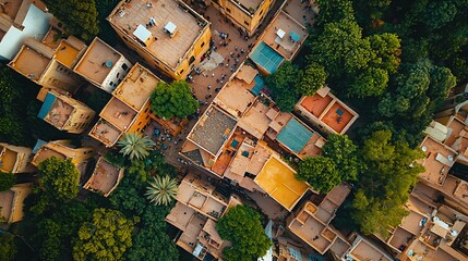 Aerial View of Old Town  Traditional Architecture  Cityscape  Brown Buildings  Green Trees