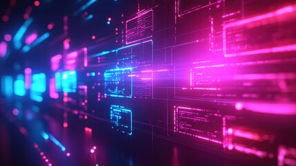 Obraz premium A vibrant digital abstract image showcasing glowing blue and pink lines and shapes, conveying a sense of technology and motion.