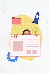 Composite sketch design 3D photo collage of young lady hand hold webpage eyes peek rocket fly folder vacancy entrepreneur office hr worker