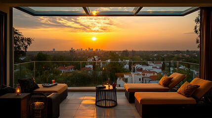Sunset city view from modern terrace
