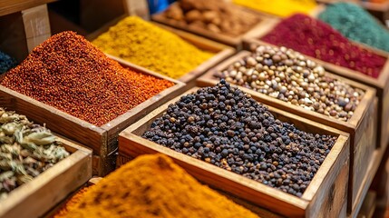 Vibrant Spices in Wooden Boxes at Market