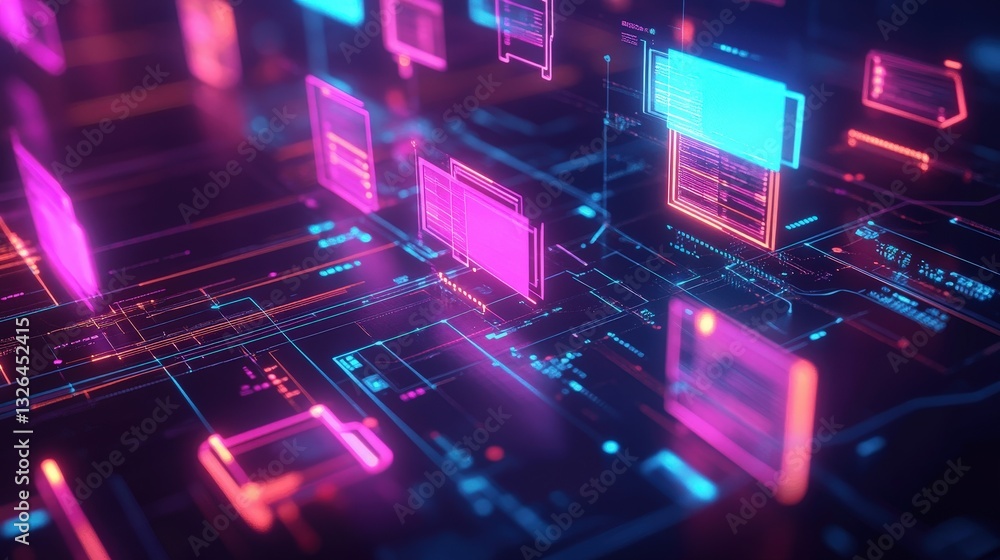 Poster a vibrant digital landscape featuring glowing data boxes on a circuit board, representing technology