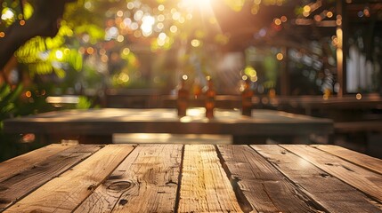 A wooden table with a view of a patio
