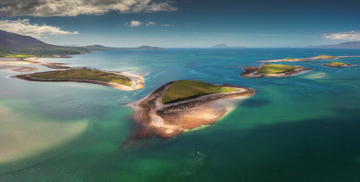 Aerial view of beautiful coastline with islands and turquoise ocean, Westport, Mayo, Ireland.
