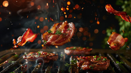 grilled bacon floating over grill, food photography