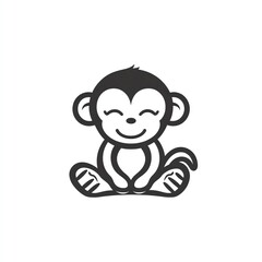 Adorable cartoon monkey logo design, minimal black line art style, sitting happily with closed eyes and smiling. Perfect for childrens products or playful branding.