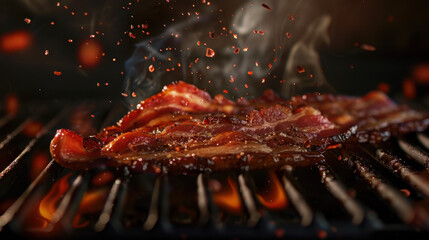 grilled bacon floating over grill, food photography
