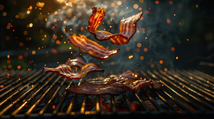 grilled bacon floating over grill, food photography
