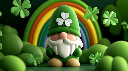Charming St Patricks Day Gnome Amidst Rainbow and Shamrocks Celebratory Graphic Art Festive Irish Holiday Cheer