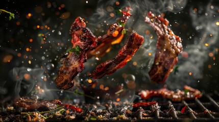 grilled bacon floating over grill, food photography