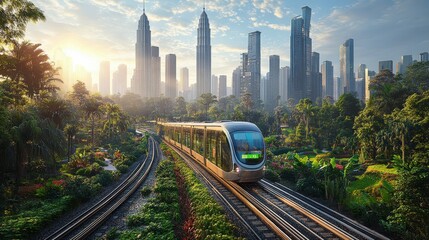 Fototapeta premium A modern train travels through lush greenery, framed by towering skyscrapers under a vibrant sky, blending urban life with nature.