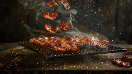 grilled bacon floating over grill, food photography