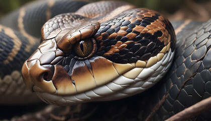 Fototapeta premium Stunning close-up of a snake with intricate scales and piercing eyes. A detailed, mesmerizing portrait capturing the beauty and intensity of this reptile.