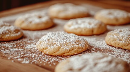 Freshly Baked Cookies Dusting of Powdered Sugar on Wooden Surface
