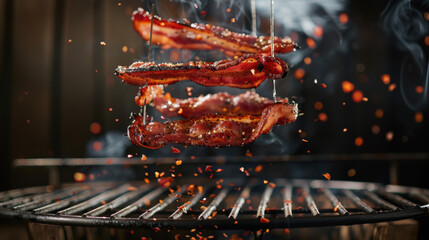 grilled bacon floating over grill, food photography