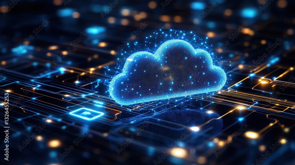 Poster a digital representation of a glowing cloud symbol, surrounded by data lines, illustrating cloud com
