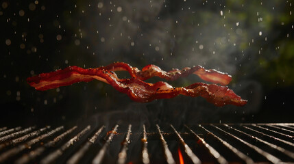grilled bacon floating over grill, food photography