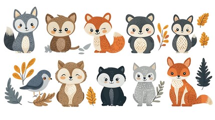 Obraz premium Cute Cartoon Forest Animals Set Wolves Foxes Bird