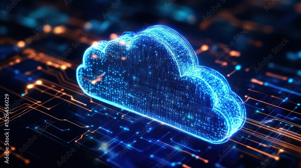 Poster a glowing blue cloud icon representing cloud computing, set against a dark background with glowing c