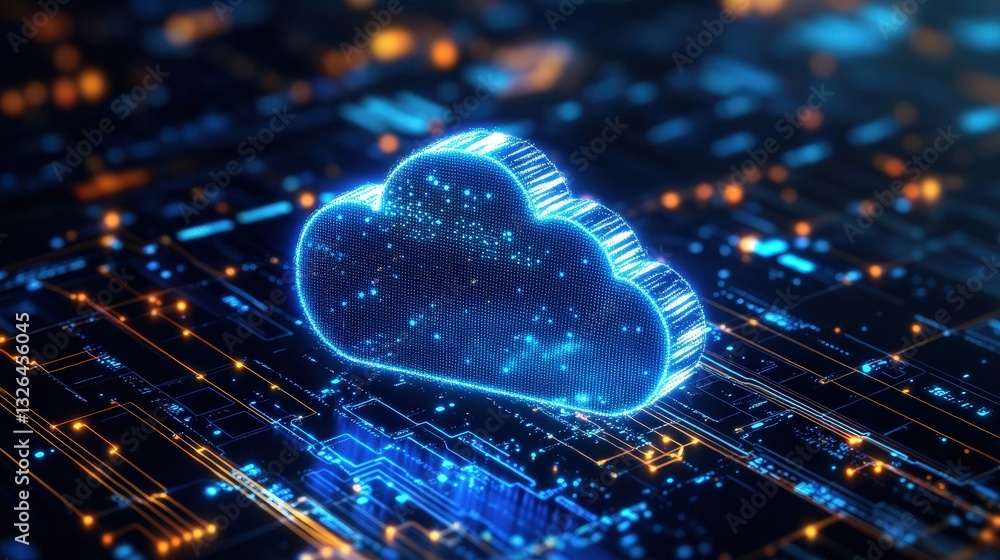 Poster a glowing digital cloud icon representing cloud computing amidst a backdrop of intricate circuitry a
