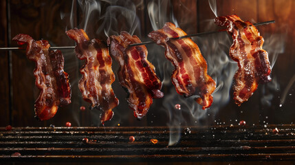 grilled bacon floating over grill, food photography