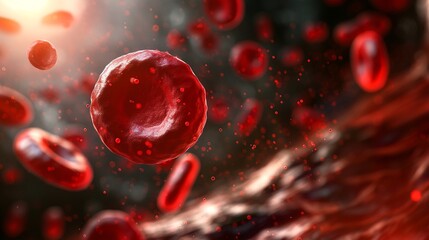 A close-up rendering of red blood cells floating through a vivid bloodstream, showcasing vibrant reds and intricate details.