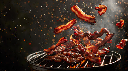 grilled bacon floating over grill, food photography