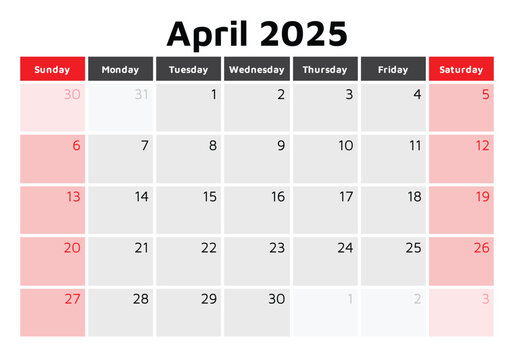 2025 april calendar. A vector English spring monthly calendars. Design Sunday start