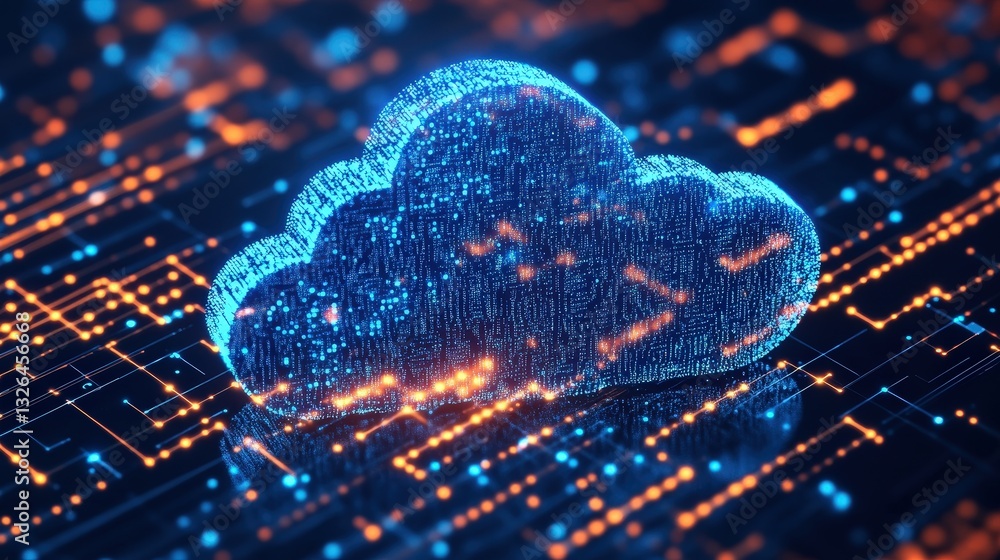 Poster a digital cloud icon surrounded by vibrant data streams, representing cloud computing and technology