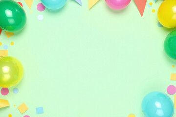 green background with balloons and confetti